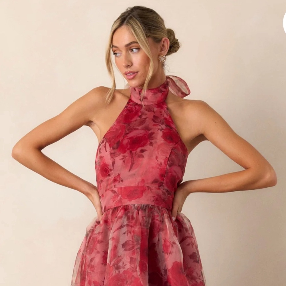 BRICK RED FLORAL HALTER MIDI DRESS